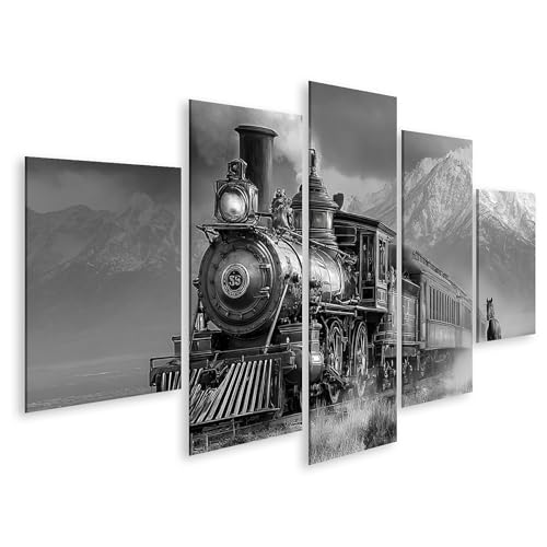 Locomotive à vapeur tableau sur toile pour grand salon vintage et déco montagne 5 pièces