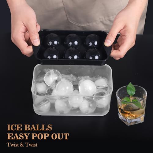 Whiskey Ice Ball Maker with Lid and Bin, 1.9" Round Ice Cube Trays for Freezer, Large Sphere Whisky Ices Cubes Tray Circle with Bucket&Tong, Cocktail Bourbon Brandy Scotch(Black-6 Balls*2 Pack) - Image 3
