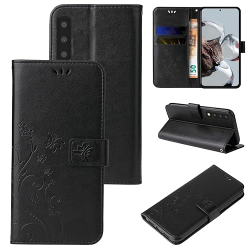 LBH Handy Hülle für Samsung Galaxy A7 (2018) Case Handytasche Schmetterling Blumen Flower Standfunktion Schutzhülle Magnet Rundum Schutz 360 Grad Flipcase Cover Schwarz