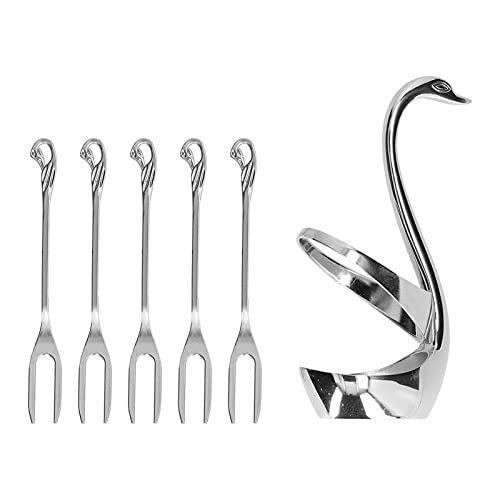 Coffee Spoon Set, Metal Swan Base Holder Dessert Spoon Organizer with 6pcs Spoons Teaspoon Dessert Flatware Set for Coffee Fruit Dessert Ice Cream Cake (Silver)