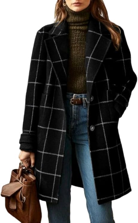 Plaid Wool Coats for Women Notched Lapel Casual Checkered Mid Long Dress Blazer Jackets Single Breasted Trench Coats