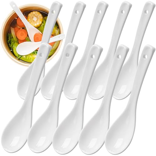 Cuchara Sopera de Porcelana Blanca Pura, para Casa, Cocina, Sopa, Ensalada, Fruta, Tarta, etc., con 17cm de Largo y 4,1cm de Ancho, Blanca, 10 Piezas, Lavavajillas, Apta para Microondas