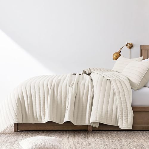 ROARINGWILD Ivory Twin Size Quilt Bedding Sets with 1 Pillow Sham, Lightweight Soft Bedspread Coverlet, Quilted Blanket Thin Comforter Bed Cover for All Season, 2 Pieces, 68x90 inches