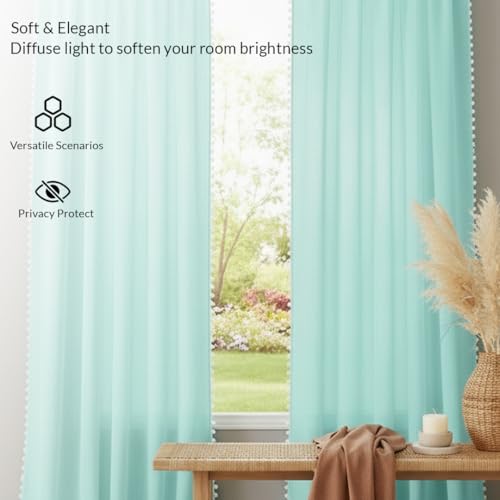 Image of HOMEMONDE Sheer Curtains with Decorative Side Border Pompom Curtain for Customize, Linen Textured Light Filtering, Rod Pocket, 1 Piece - Celeste