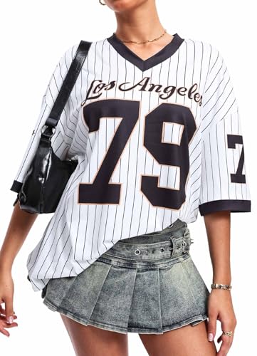 Navneet Damen Jersey Shirt Y2K Trikot Gestreift Oversize Tshirt Sommer Baggy Longshirt Kurzarm Football Streetwear Schwarz S