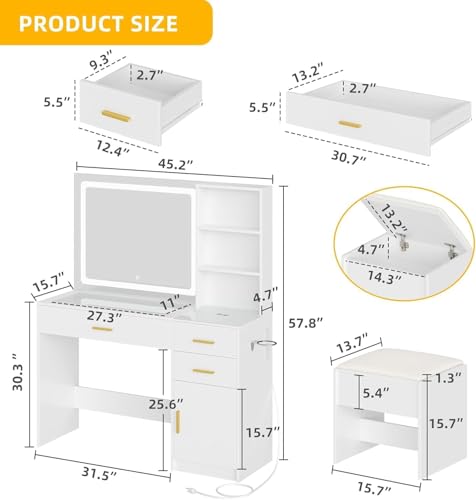 DWVO 45" W Vanity Desk w/Wireless Charging Station & Power Outlet, Mirror w/Lights Table Set with 4 Drawers, 3 Lighting Modes Brightness Adjustable for Bedroom Studio, Upgraded Milk White
