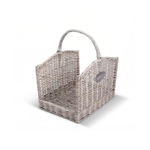 Image of Wickerfield Wicker Log Basket, Grey Firewood Basket With Handle, Rustic Fireside Wood Storage Basket For Fireplace, Wood Burner And Kindling (Medium)