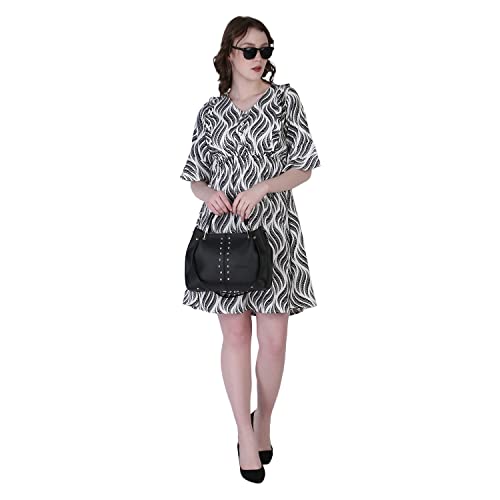 Image of Leriya Fashion Dresses for Women || Crepe Abstract Printed Dresses for Girls || Ruffled Sleeve Knee-Length mini Dress || Perfect for Outing || Travel || Casual Wear Flared one piece Dress for Women