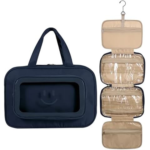 PNEUICALLY Travel Makeup Toiletry Bag for Women Portable Makeup Cosmetic Bag with Hanging Hook Water-resistant Makeup Case Organizer for Toiletries Accessories, Essentials (Blue, Small)… Cover