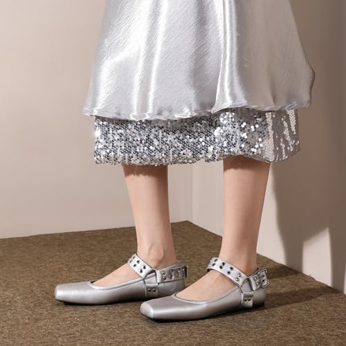 Women's Sliver Black Studded Ankle Strap Square Toe Mary Jane Flats Office, Party, Daily Wear 5