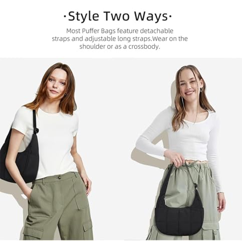 Waterproof Puffer Crescent Shoulder Bag for Women,Women's Nylon Quilted Hobo Bag, Adjustable Strap Puffy Handbag Hobo Bag3