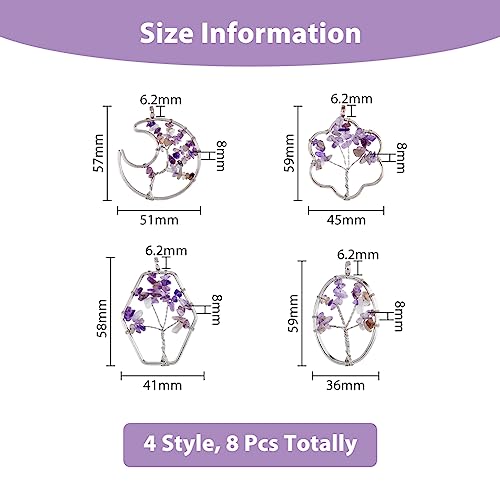 DICOSMETIC 8Pcs 4 Styles Gemstone Charms Natural Amethyst Tree of Life Pendants Flower Moon Oval Hexagon Copper Wire Wrapped Chip Stone Pendants Birthstone Charms for Jewelry Making Hole: 6.2mm - Image 2