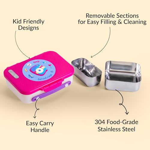 Image of rabitat Munchbee Pro Personalized Stainless Steel Kids Lunch Box 850ml- Food-Grade Steel Bento Tiffin | 2-Year Brand Warranty | Spill-Proof Flick-Lock | 3 Compartments, BPA-Free, School-Safe | Diva