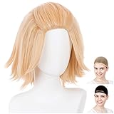 CaseEden コスプレ ウィッグ ショート オールバック 40cm 耐熱 金髪 ライトゴールド ウィッグネット2個セット