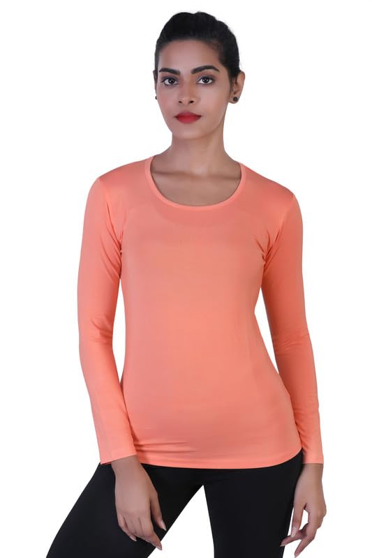 LAASA Women's Viscose Slim Fit Round Neck Solid Peach with Long Sleeves-image-2