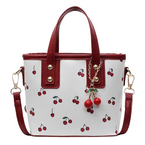 Cherry Print Tote Bag Leather Shoulder Handbag Trendy Crossbody Bag with Cherry Pendant for Women