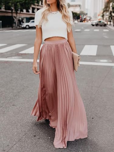 Women's High Elastic Waist Pleated Flowy Swing A-line Maxi Skirts2