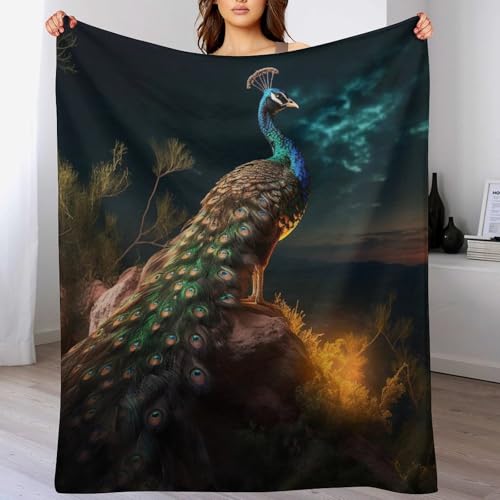 Couverture canapé paon en flannel douce 100x130cm bleu