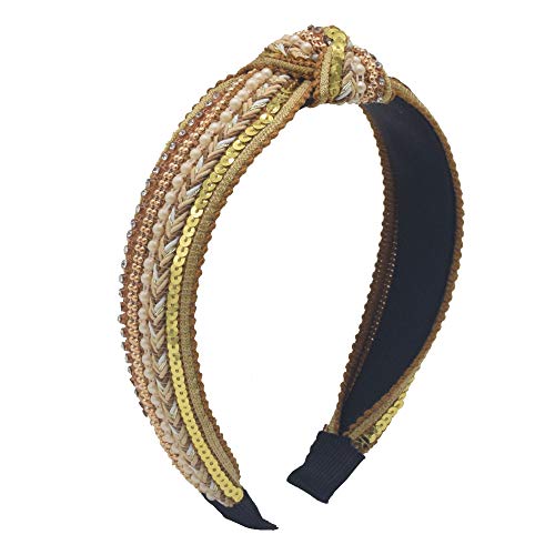 MHDGG Weave Crystal Pearl Knot Headbands for Women Bow Hairbands Bohemia Hair Accessories Flower Hair Bands for Women Head Wrap,Champagne