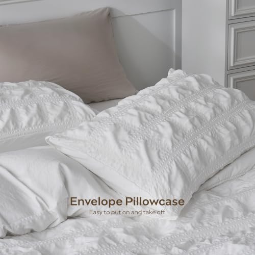 Image of JELLYMONI Seersucker Duvet Cover Set Full, 3pcs White-Grid Polyester | In Guest Room & Studio, Single Upgrades Pick, Crinkled Texture, Oeko-Tex Certified, 8 Corner Ties & Hidden Zipper