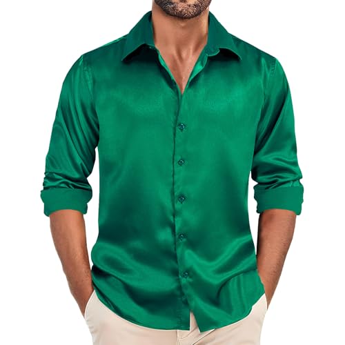 Hi-Tie Mens Long Sleeve Dress Shirt Satin Button Down Casual Prom Wedding Regular Fit Button Up Shirt