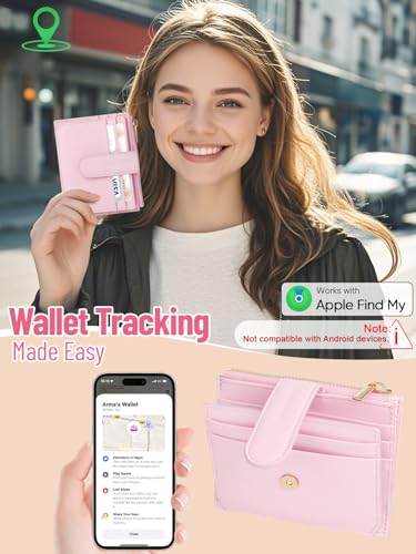 Women's Wallet Built-in Anti-Loss Tracker, RFID Blocking Small Compact Card Holder Wallet for Women Soft PU Leather Bifold Pocket Wallet Ladies Mini Purse with Zipper Pocket, ID Window (Pink)2