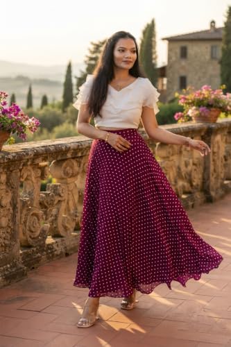Image of Women's Lycra Top with Georgette Skirt | Polka Dot Print Long Flared Maxi | Full Length Flowy Skirt for Women | Stylish Casual Wear