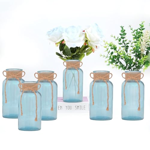 Vintage Glass Flower Vase,6 Pack Blue Farmhouse Glass Centerpiece Vases Mason Jars for Weddings, Parties & Home Decor Bulk (6, Blue)