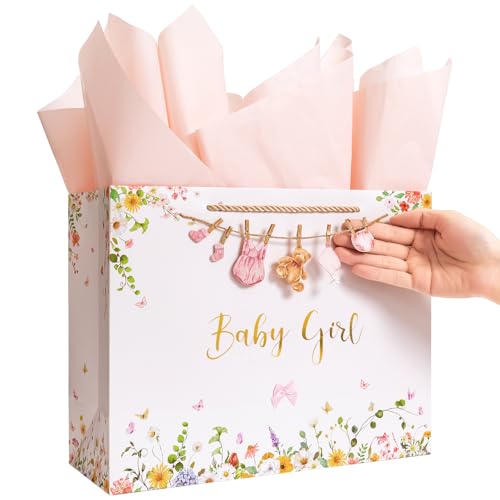 Crisky 13 Large Gift Bag with Tissue Paper Gift Card and Bow for Baby Shower Girl Birthday Party (Wildflowers and Cute Little Clothes)