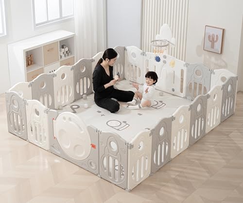 Image of 39 Sq Ft Extra Large Baby Playpen | Space-Themed 16-Panel Play Yard with Soft Mat, Basketball Hoop & Ball Pit Area | Indoor /Outdoor Toddler Fence | Grey-White | ISO & CE Certified