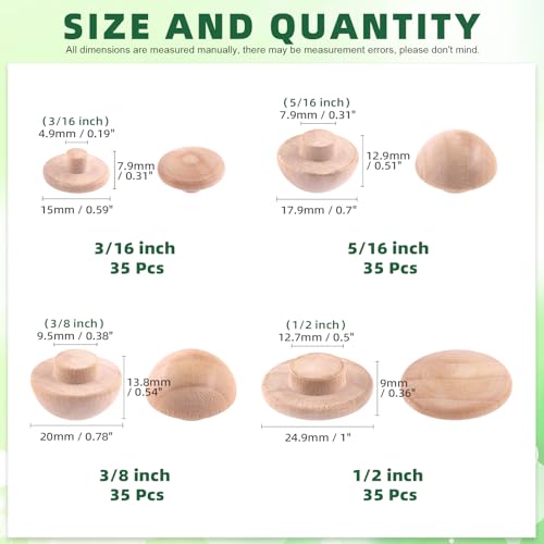 Image of Keadic 140Pcs 4 Sizes Wooden Hole Plugs Assortment Set, 3 /16 inch 5 /16 inch 3 /8 inch 1 /2 inch Wood Button Plugs Vivid Style Hardwood Hole Plugs Screw Holes Cover for Table Wooden Chair Cabinet Furniture