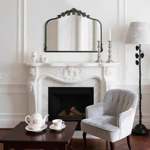 Image of WallBeyond Black Antique Mirror for Vanity 32x24 Inch, Black Vintage Mirror with Ornate Frame, Arched Vintage Wall for Bathroom, Living Room, Fireplace