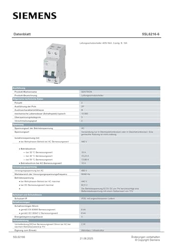 Disjoncteur modulaire 2 pôles B 400 V SENTRON 5SL6216 6 - vue 3