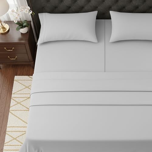 Image of Elegant Comfort Luxurious 1500 Premium Hotel Quality Microfiber Three Line Embroidered Softest 5-Piece Bed Sheet Set, Wrinkle and Fade Resistant, Split King, Silver