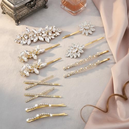 Set de 11 Pinzas para el Cabello con Rhinestone Elegantes Broches para Boda Prom con Cristal Hojas y Flores (Dorado) miniatura 6