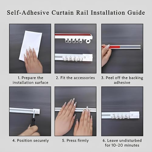 White Self-Adhesive Wall Mount Sliding Curtain Track - No Drill, 1.3-19.7 FT Adjustable Ceiling Rail for Space-Saving Room Divider in RVs & Dorms (5.57ft/2x2.78ft)