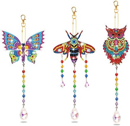 MWOOT 3Pcs DIY Diamond Paint Suncatcher,5D Diamond Art Painting Wind Chime Kits,Double Sided Crystal Paint By Number Hanging Ornament Set for Home Garden Car Decoration (Butterfly+Owl+Bee)