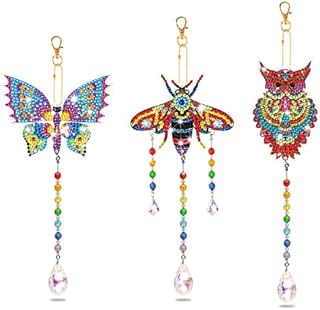 MWOOT 3Pcs DIY Diamond Paint Suncatcher,5D Diamond Art Painting Wind Chime Kits,Double Sided Crystal Paint By Number Hanging Ornament Set for Home Garden Car Decoration (Butterfly+Owl+Bee)