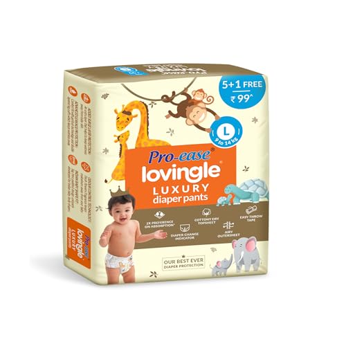 Image of Pro-ease Lovingle Luxury Wrapper Baby Diaper|Pant Style Diaper For Baby| L Size|2X Preference On Absorption*Iadvanced Leakage Protection|Wetness Indicator|Rash Free Diaper|9-14 Kg|6(5+1 Free) Pieces