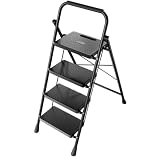 Sekey Scaletta Pieghevole 4 Gradini, Alto Scala Domestica con Telaio in Acciaio, Gradini di Plastico Antiscivoli, Pieghevole per Casa, TÜV & SGS, EN 131-2 & 14183, Capacità di Portata 150 Kg, Nero