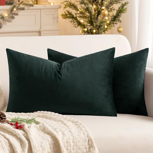 MIULEE 2er Set Samt Kissenbezug Weihnachten Kissenhülle Weihnachtsdeko Dekorative Dekokissen Sofakissen Lendenkissen Wurfkissenbezug Sofa Schlafzimmer 12 x 20 Inch 30 x 50 cm Dunkelgrün