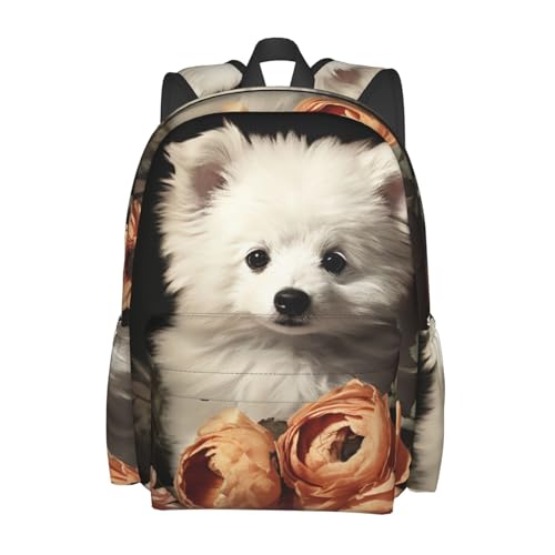 Travel Backpack for Women Men Dog Sits Next to a Flower Casual Daypack Large Capacity Nurse Bag2