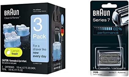 Braun Series 7 70S Electric Shaver Head Replacement Cassette & Braun Clean Renew Refill Cartridges CCR, Blue, 3 Count