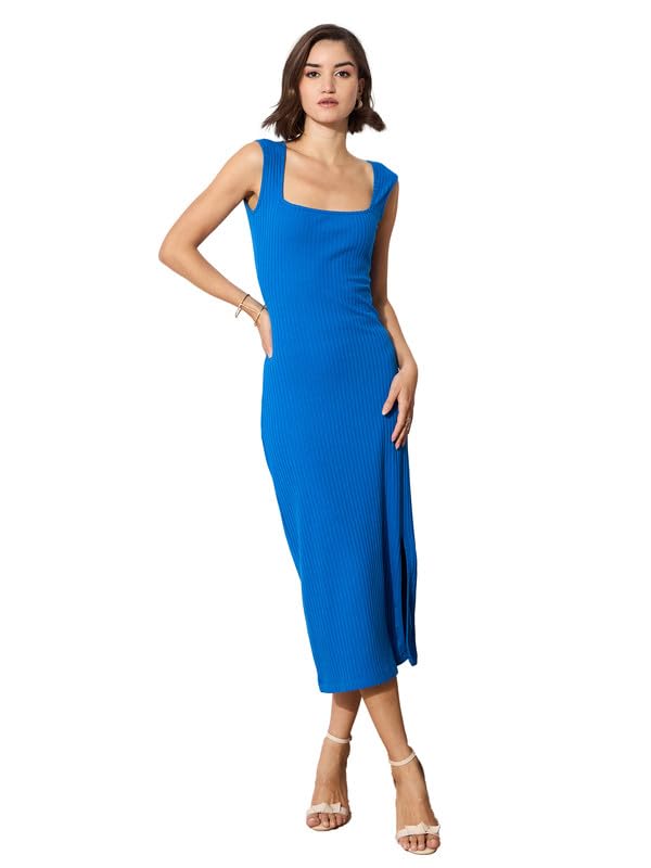 Image of barcino Black Rib Square Neck Sleeveless Midi Dress