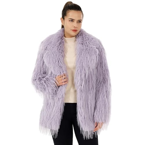 Women's Fluffy Faux Fur Coat Warm Lapel Shaggy Cardigan Outwear Open Front Fall Winter Jacket with Belt & Pockets