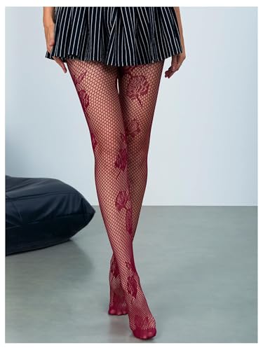 Image of Milumia Women's Floral Lace Fishnet Tights Rose Pattern Sheer Mesh Pantyhose Stockings