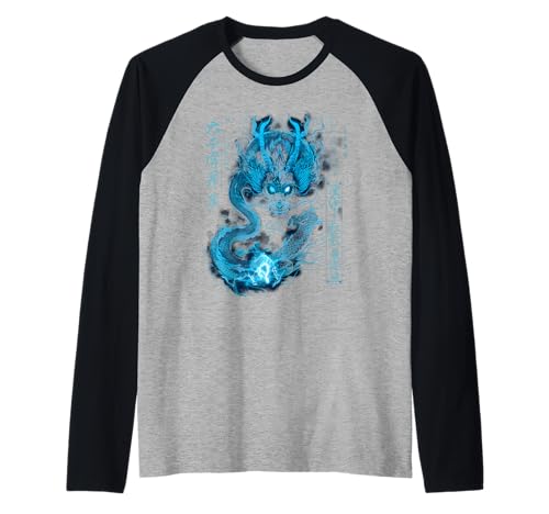 Dragón japonés volador verde con tatuaje de fantasía Kanji Camiseta Manga Raglan