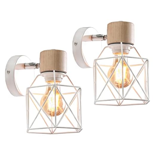 iDEGU 2 Piezas Lámpara de Pared Vintage 15CM Aplique Pared Interior de Madera Metal Industrial Diseño de Jaula Luz de Pared Ajustable Retro Iluminación E27 para Dormitorio Pasillo Cocina Café (Blanco)