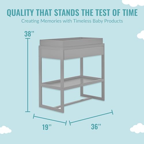 Image of Dream On Me Arlo Changing Table with Pad & Safety Strap - Pebble Grey | Solid New Zealand Pinewood, Non-Toxic Finish, Spacious Fixed Storage Shelf for Diapers, Water-Resistant 1 inch Pad