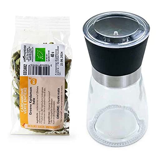 Molino de especias de vidrio y cerámica + cardamomo verde orgánico